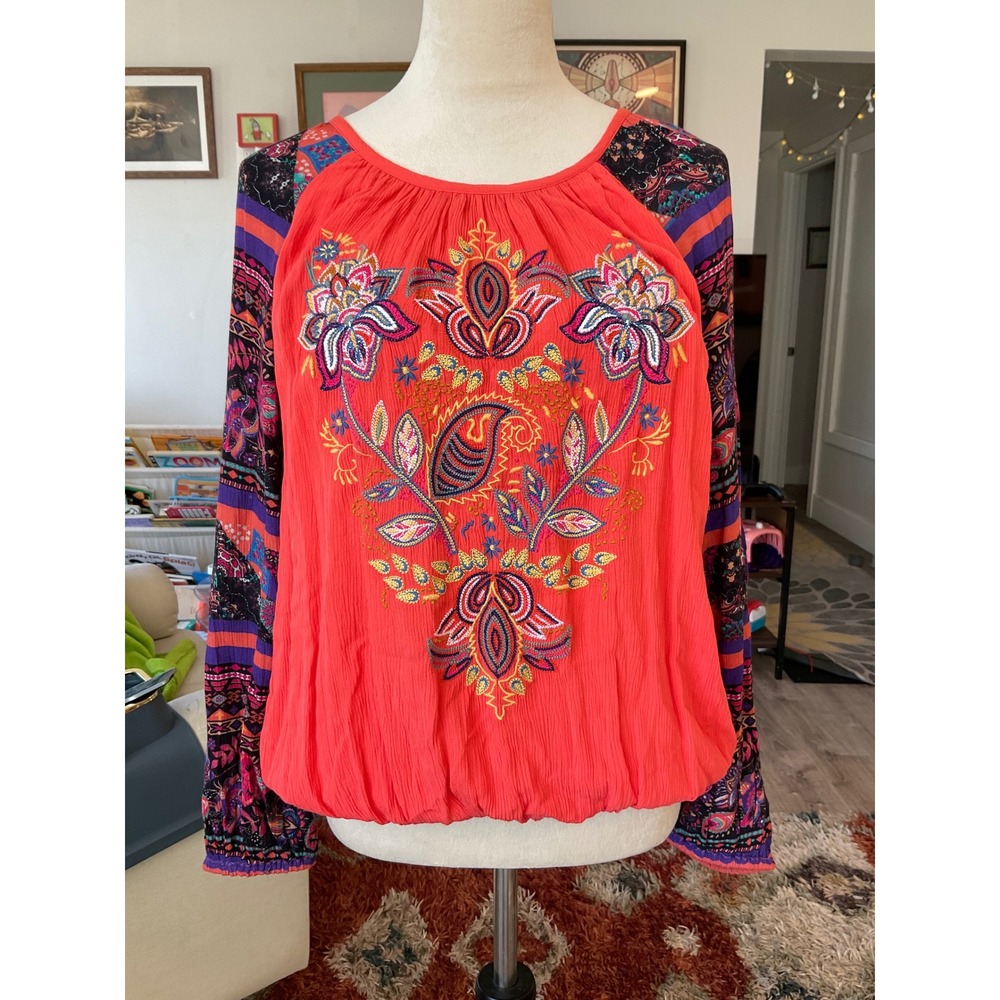 Soft Surroundings Embroidered Boho Bubble Hem Blouse Coral Floral Hippie